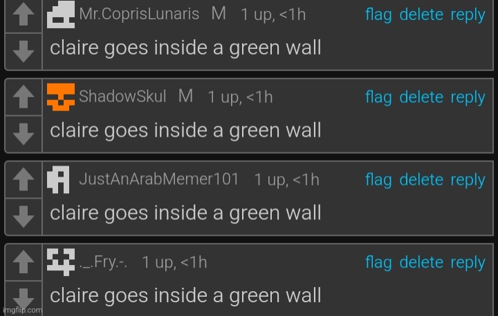 image tagged in claire goes indide a green wall | made w/ Imgflip meme maker