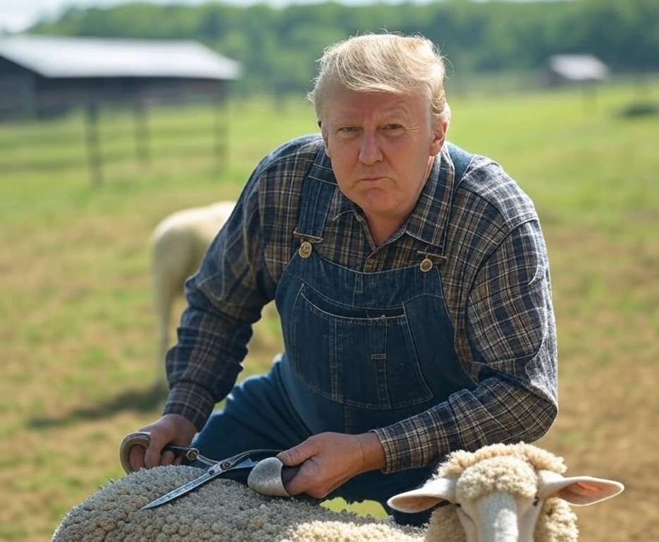 Trump sheep behind MAGA sheering Blank Meme Template