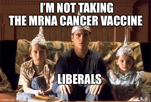 Fwends | I’M NOT TAKING THE MRNA CANCER VACCINE; LIBERALS | image tagged in tin foil hats | made w/ Imgflip meme maker