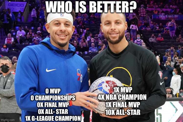 Seth v Steph | WHO IS BETTER? 1X MVP
4X NBA CHAMPION 
1X FINAL MVP
10X ALL-STAR; 0 MVP
0 CHAMPIONSHIPS
0X FINAL MVP
0X ALL- STAR
1X G-LEAGUE CHAMPION | image tagged in achievement,stephen curry,seth curry | made w/ Imgflip meme maker