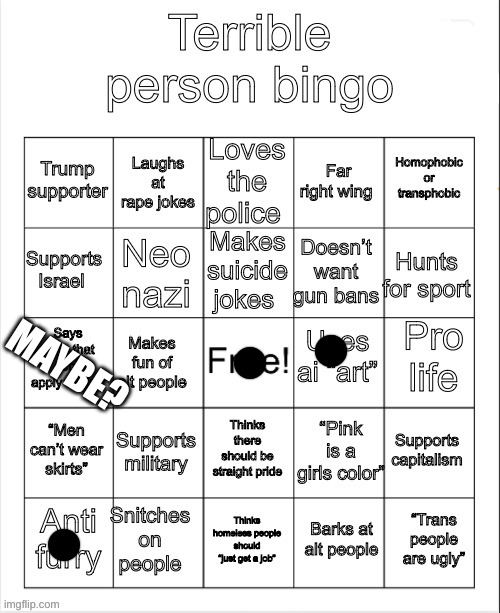 Like... I have a high IQ but I am autistic and use the R-slur so like... still don't know if I can. | MAYBE? | image tagged in terrible person bingo | made w/ Imgflip meme maker