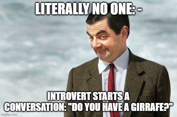 Mr. bean akward smirk | LITERALLY NO ONE: -; INTROVERT STARTS A CONVERSATION: "DO YOU HAVE A GIRRAFE?" | image tagged in mr bean akward smirk | made w/ Imgflip meme maker