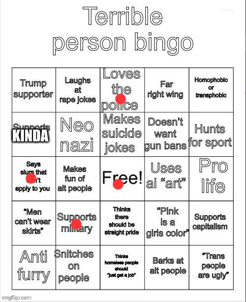 I mean, i like israel, but i also like palestine | KINDA | image tagged in terrible person bingo | made w/ Imgflip meme maker