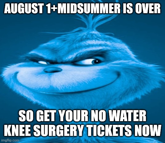 Blue Grinch | AUGUST 1+MIDSUMMER IS OVER SO GET YOUR NO WATER KNEE SURGERY TICKETS NOW | image tagged in blue grinch | made w/ Imgflip meme maker