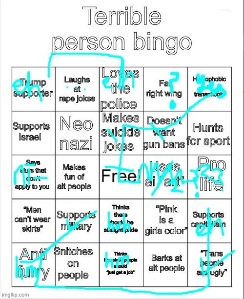 image tagged in terrible person bingo | made w/ Imgflip meme maker