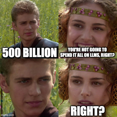 500 billion | 500 BILLION; YOU'RE NOT GOING TO SPEND IT ALL ON LLMS, RIGHT? RIGHT? | image tagged in anakin padme 4 panel | made w/ Imgflip meme maker