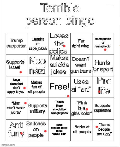 image tagged in terrible person bingo | made w/ Imgflip meme maker
