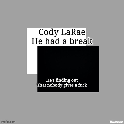 my sweet lithonia, what have you done? | Cody LaRae
He had a break; He's finding out
That nobody gives a fuck | image tagged in tokoyami's announcement template v1 3 | made w/ Imgflip meme maker