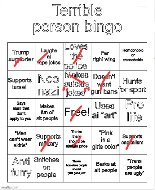 image tagged in terrible person bingo | made w/ Imgflip meme maker