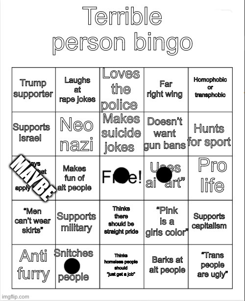 Like... I have a high IQ but I am autistic and use the R-slur so like... still don't know if I can. | MAYBE | image tagged in terrible person bingo,repost bc i misclicked lmfao | made w/ Imgflip meme maker