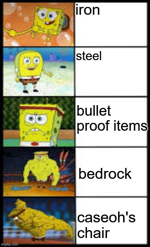 caseoh meme | iron; steel; bullet proof items; bedrock; caseoh's chair | image tagged in spongbob weak to buff | made w/ Imgflip meme maker