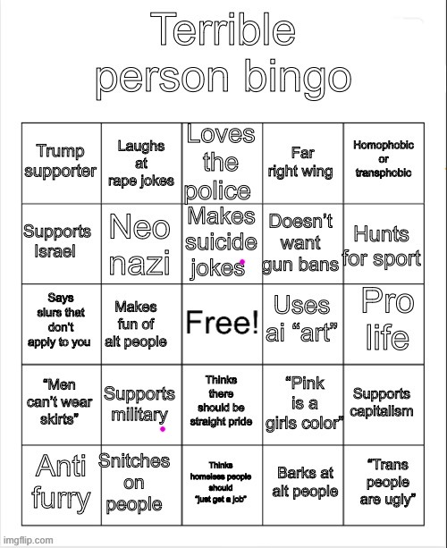 Ngl all the horrible things that I do aren't there | image tagged in terrible person bingo | made w/ Imgflip meme maker