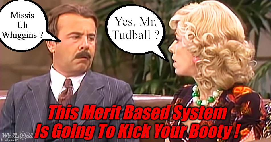 Gonna Need To Tighten It Up ! | Missis Uh Whiggins ? Yes, Mr. Tudball ? This Merit Based System Is Going To Kick Your Booty ! | image tagged in tim conway,political meme,politics,funny memes,funny,merit based america | made w/ Imgflip meme maker