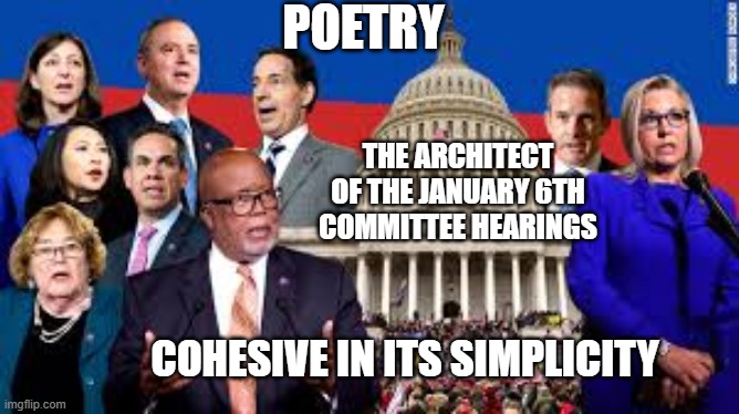 January 6th Committee Hearings | POETRY; THE ARCHITECT OF THE JANUARY 6TH COMMITTEE HEARINGS; COHESIVE IN ITS SIMPLICITY | image tagged in january 6th,liz cheney,donald trump,insurrection,republicans | made w/ Imgflip meme maker