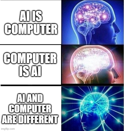 Expanding brain 3 panels | AI IS COMPUTER; COMPUTER IS AI; AI AND COMPUTER ARE DIFFERENT | image tagged in expanding brain 3 panels | made w/ Imgflip meme maker