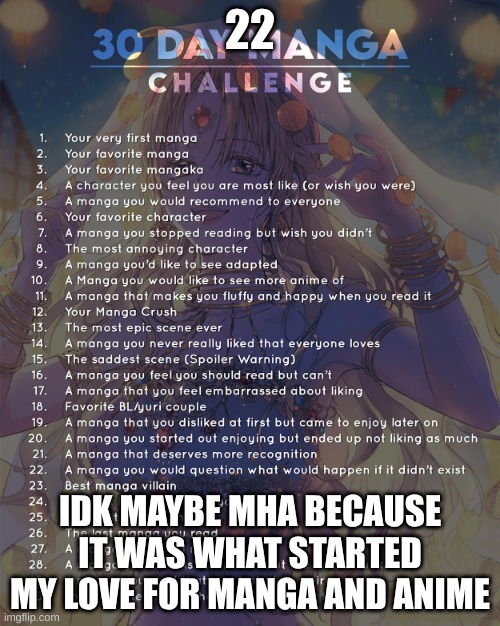 22 | 22; IDK MAYBE MHA BECAUSE IT WAS WHAT STARTED MY LOVE FOR MANGA AND ANIME | image tagged in 30 day manga challenge | made w/ Imgflip meme maker