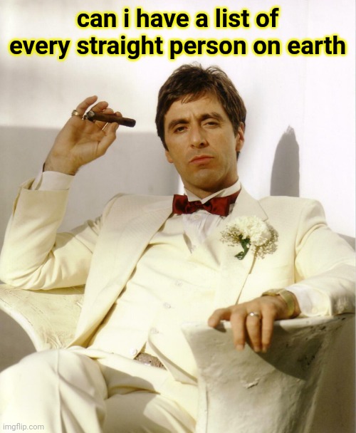 tony montana hd | can i have a list of every straight person on earth | image tagged in tony montana hd | made w/ Imgflip meme maker