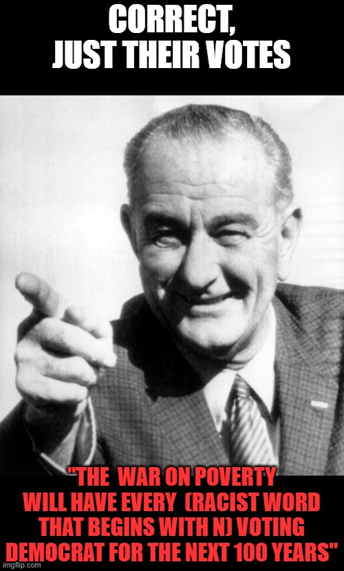 lbj | CORRECT, JUST THEIR VOTES "THE  WAR ON POVERTY WILL HAVE EVERY  (RACIST WORD THAT BEGINS WITH N) VOTING DEMOCRAT FOR THE NEXT 100 YEARS" | image tagged in lbj | made w/ Imgflip meme maker