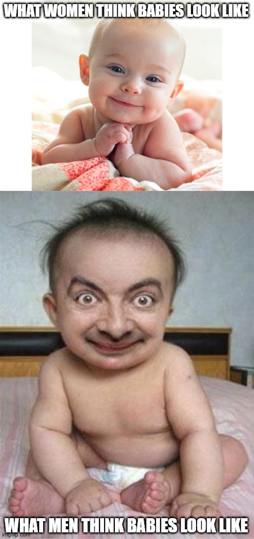 Baby perception | WHAT WOMEN THINK BABIES LOOK LIKE; WHAT MEN THINK BABIES LOOK LIKE | image tagged in cute baby,ugly baby | made w/ Imgflip meme maker