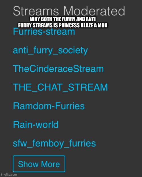 Explain | WHY BOTH THE FURRY AND ANTI FURRY STREAMS IS PRINCESS BLAZE A MOD | made w/ Imgflip meme maker