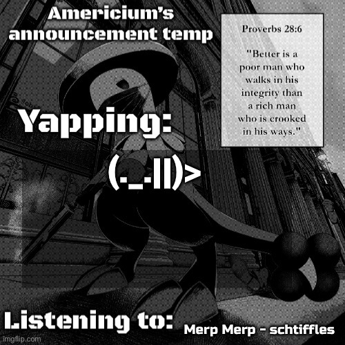 Americium Breloom temp | (._.||)>; Merp Merp - schtiffles | image tagged in americium breloom temp | made w/ Imgflip meme maker