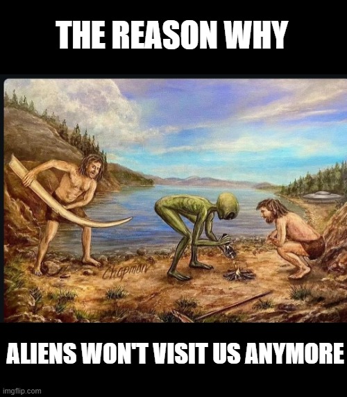 caveman-wut dis hole for? | THE REASON WHY; ALIENS WON'T VISIT US ANYMORE | image tagged in alien's,ouch | made w/ Imgflip meme maker