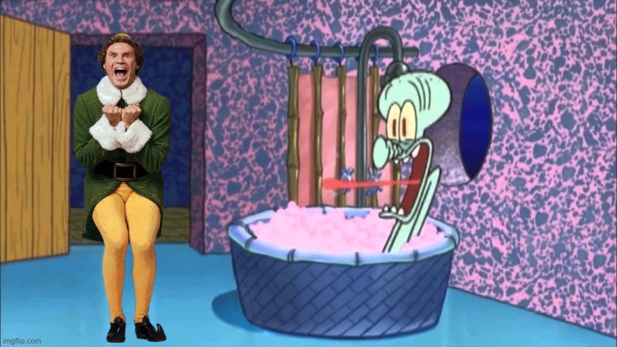 Buddy the elf drops by squidward’s house | image tagged in who dropped by squidward's house | made w/ Imgflip meme maker