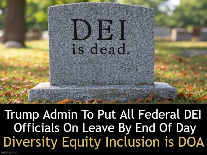 DEI = DOA | Trump Admin To Put All Federal DEI 
Officials On Leave By End Of Day; Diversity Equity Inclusion is DOA | image tagged in dei is dead,march 22,2025,dei,dead,trump administration | made w/ Imgflip meme maker