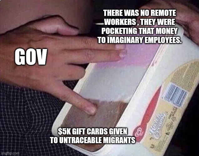 Neapolitan shocker | THERE WAS NO REMOTE WORKERS , THEY WERE POCKETING THAT MONEY TO IMAGINARY EMPLOYEES. GOV; $5K GIFT CARDS GIVEN TO UNTRACEABLE MIGRANTS | image tagged in neapolitan shocker,funny memes | made w/ Imgflip meme maker