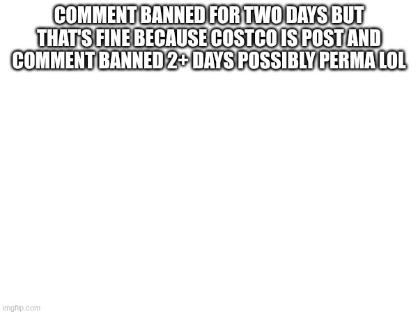 COMMENT BANNED FOR TWO DAYS BUT THAT'S FINE BECAUSE COSTCO IS POST AND COMMENT BANNED 2+ DAYS POSSIBLY PERMA LOL | made w/ Imgflip meme maker