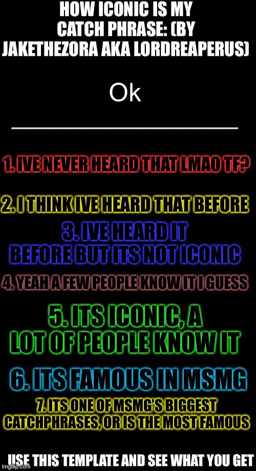 How iconic is my catchphrase | Ok | image tagged in how iconic is my catchphrase | made w/ Imgflip meme maker