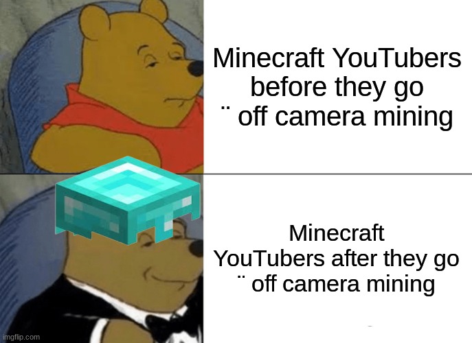 Tuxedo Winnie The Pooh | Minecraft YouTubers before they go ¨ off camera mining; Minecraft YouTubers after they go ¨ off camera mining | image tagged in memes,tuxedo winnie the pooh | made w/ Imgflip meme maker