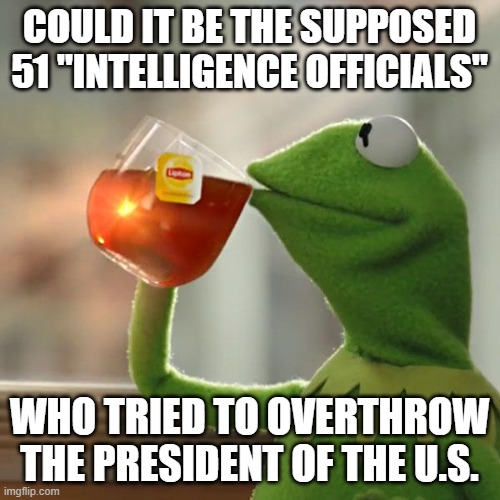 But That's None Of My Business Meme | COULD IT BE THE SUPPOSED 51 "INTELLIGENCE OFFICIALS" WHO TRIED TO OVERTHROW THE PRESIDENT OF THE U.S. | image tagged in memes,but that's none of my business,kermit the frog | made w/ Imgflip meme maker