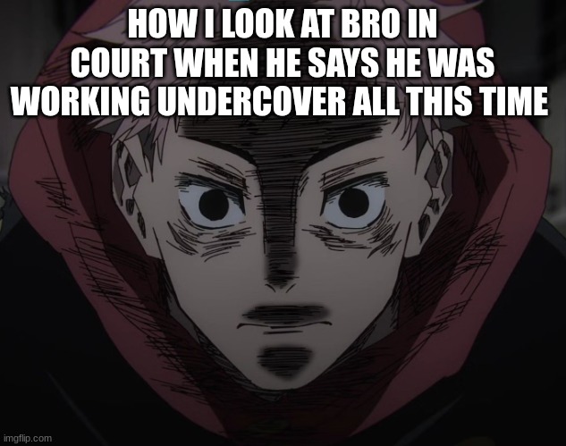 Yuji hopeless | HOW I LOOK AT BRO IN COURT WHEN HE SAYS HE WAS WORKING UNDERCOVER ALL THIS TIME | image tagged in yuji hopeless | made w/ Imgflip meme maker