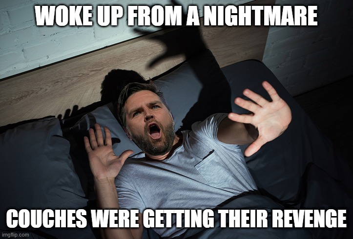 Couch Attack | WOKE UP FROM A NIGHTMARE; COUCHES WERE GETTING THEIR REVENGE | image tagged in jd vance,politics | made w/ Imgflip meme maker