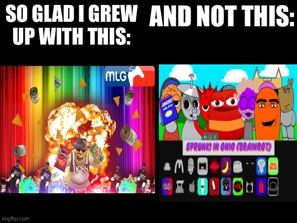 Those were the days | SO GLAD I GREW UP WITH THIS:; AND NOT THIS: | image tagged in mlg,brainrot,so glad i grew up with this,memes | made w/ Imgflip meme maker