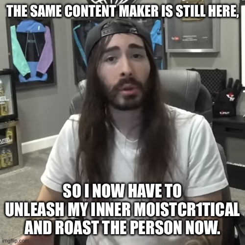 When the person who is targeting you is still pushing ur buttons be like: | THE SAME CONTENT MAKER IS STILL HERE, SO I NOW HAVE TO UNLEASH MY INNER MOISTCR1TICAL AND ROAST THE PERSON NOW. | image tagged in moistcritical | made w/ Imgflip meme maker