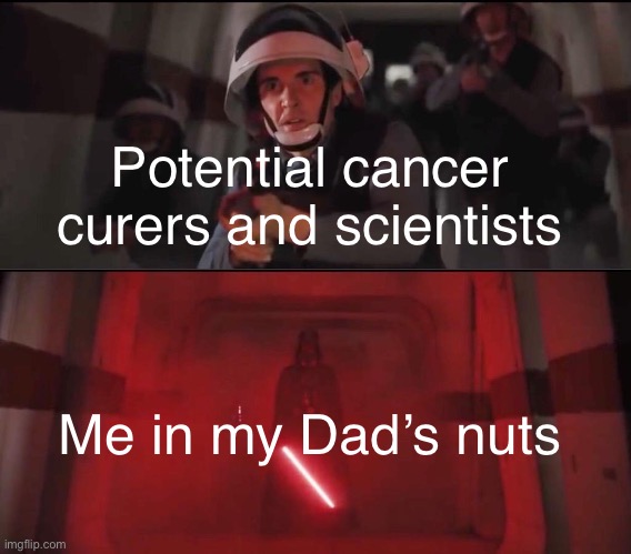 Darth Vader Hallway Scene | Potential cancer curers and scientists; Me in my Dad’s nuts | image tagged in vaders rage | made w/ Imgflip meme maker