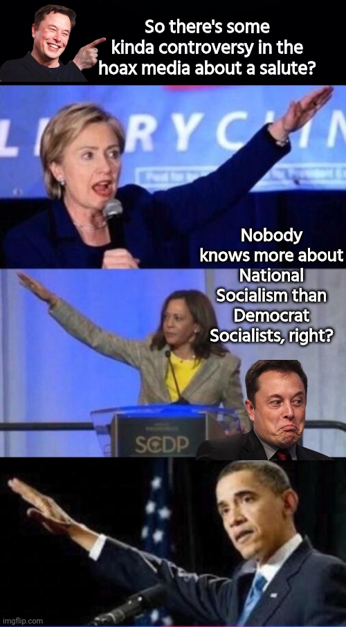 Musk mocks Demorhhoids over salute | So there's some kinda controversy in the hoax media about a salute? Nobody knows more about National Socialism than Democrat Socialists, right? | image tagged in black background,elon musk,democrat,socialism | made w/ Imgflip meme maker