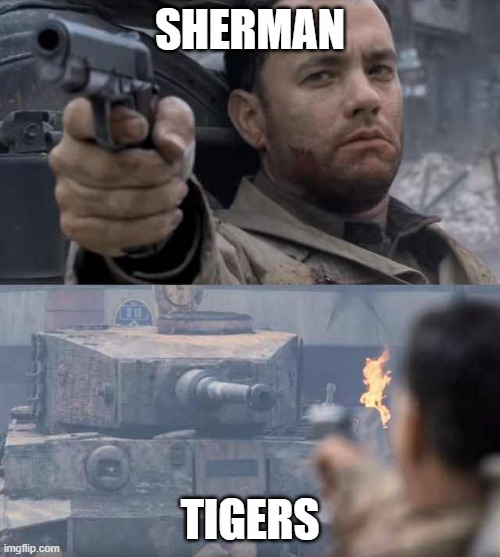 Nothing wrong here | SHERMAN; TIGERS | image tagged in tom hanks tank | made w/ Imgflip meme maker