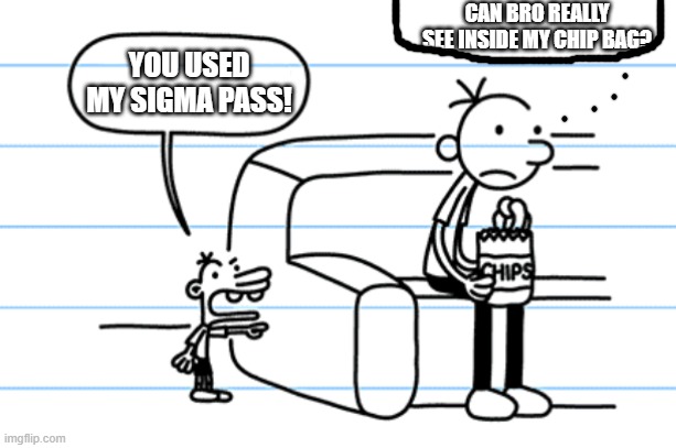 when you steal someone's sigma pass | CAN BRO REALLY SEE INSIDE MY CHIP BAG? YOU USED MY SIGMA PASS! | image tagged in ploopy blank | made w/ Imgflip meme maker