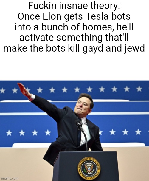 It's like that one movie | Fuckin insnae theory:
Once Elon gets Tesla bots into a bunch of homes, he'll activate something that'll make the bots kill gayd and jewd | image tagged in nazi elon | made w/ Imgflip meme maker