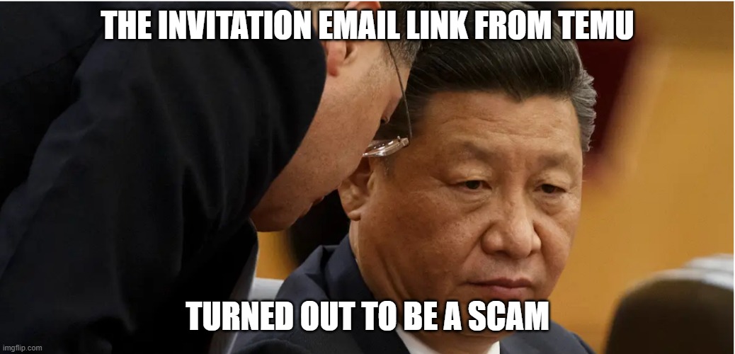 Chinese President Xi Jinping | THE INVITATION EMAIL LINK FROM TEMU TURNED OUT TO BE A SCAM | image tagged in chinese president xi jinping | made w/ Imgflip meme maker