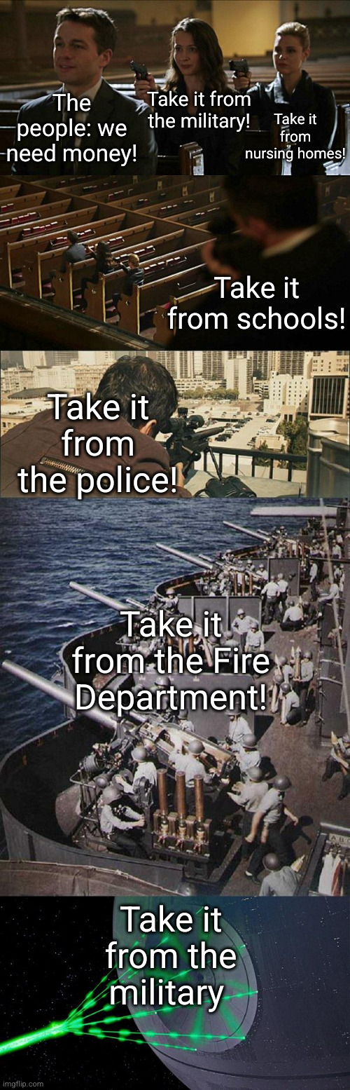 we just push the blame in a circle, no one is willing to give | Take it from the military! The people: we need money! Take it from nursing homes! Take it from schools! Take it from the police! Take it from the Fire Department! Take it from the military | image tagged in assasination chain extended,sad but true,sniper,politics,funny,money | made w/ Imgflip meme maker