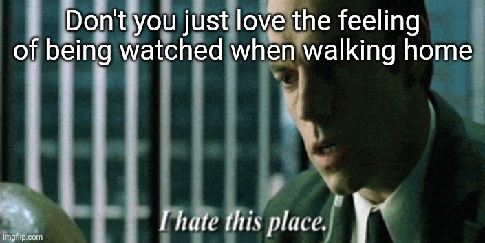 I sure do | Don't you just love the feeling of being watched when walking home | image tagged in i hate this place | made w/ Imgflip meme maker