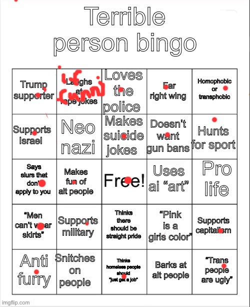 If you think these are terrible people you just puszy fr | image tagged in terrible person bingo | made w/ Imgflip meme maker