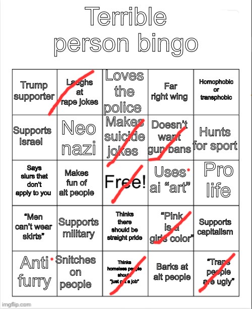 The point means semi of that | image tagged in terrible person bingo | made w/ Imgflip meme maker