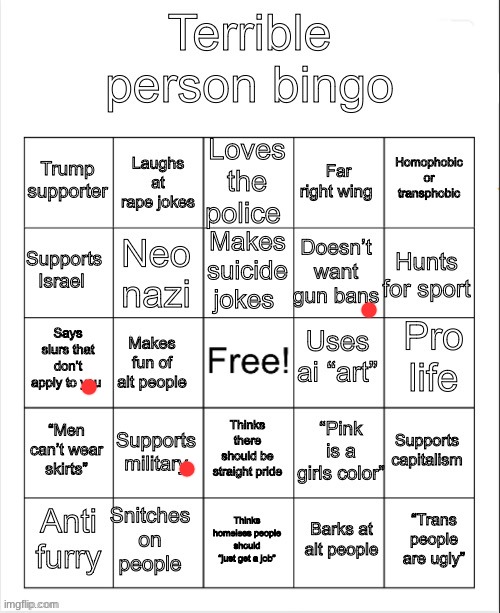 ok | image tagged in terrible person bingo | made w/ Imgflip meme maker