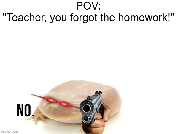 *Loads Shotgun with deadly intent* | POV:
"Teacher, you forgot the homework!"; No. | image tagged in school,memes | made w/ Imgflip meme maker