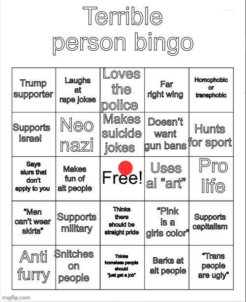 yimpy | image tagged in terrible person bingo | made w/ Imgflip meme maker